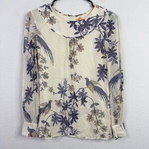 Tory Burch Shirt 4 Cream Silk Bird Floral Boho Cottagecore Artsy Romantic Luxury